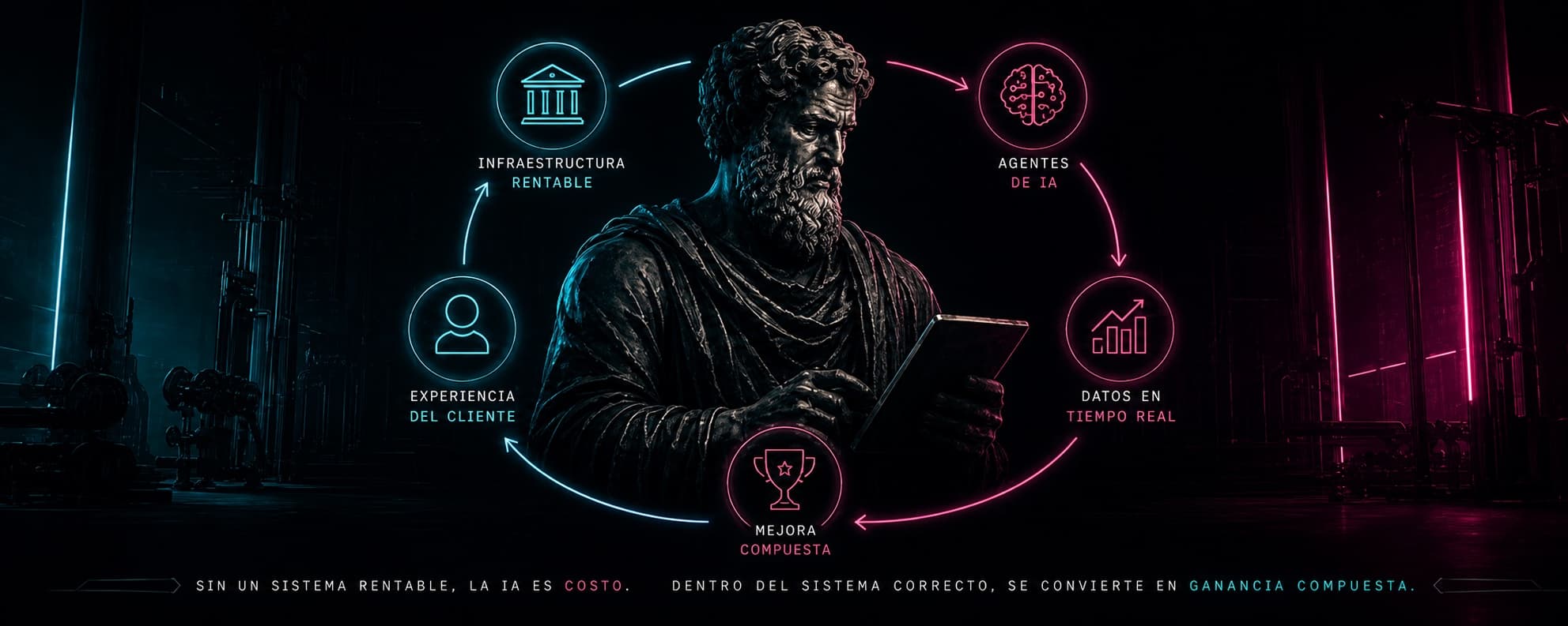 A cinematic system diagram connecting profitable infrastructure, AI agents, real-time data, customer experience and compounding improvement.